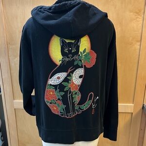 Black Rose Cat Zip-Up Hoodie with Red Logo & colorful cat on back